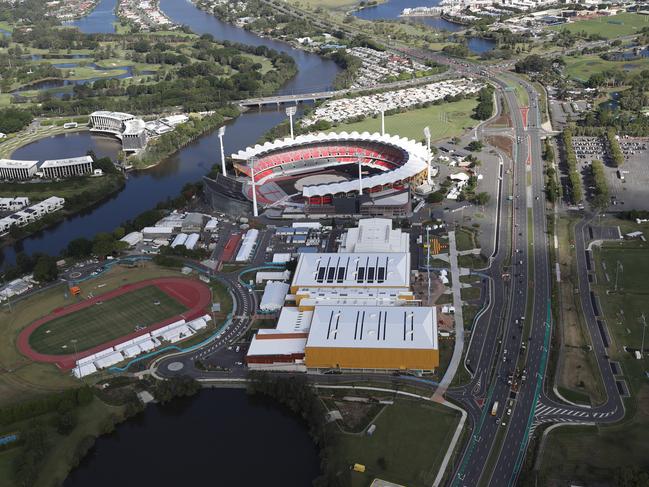 Indigenous protesters will converge on a block of land in the top right-hand corner of this image of Carrara Stadium ahead of tonight’s Commonwealth Games Opening Ceremony venue. Picture: Nigel Hallett