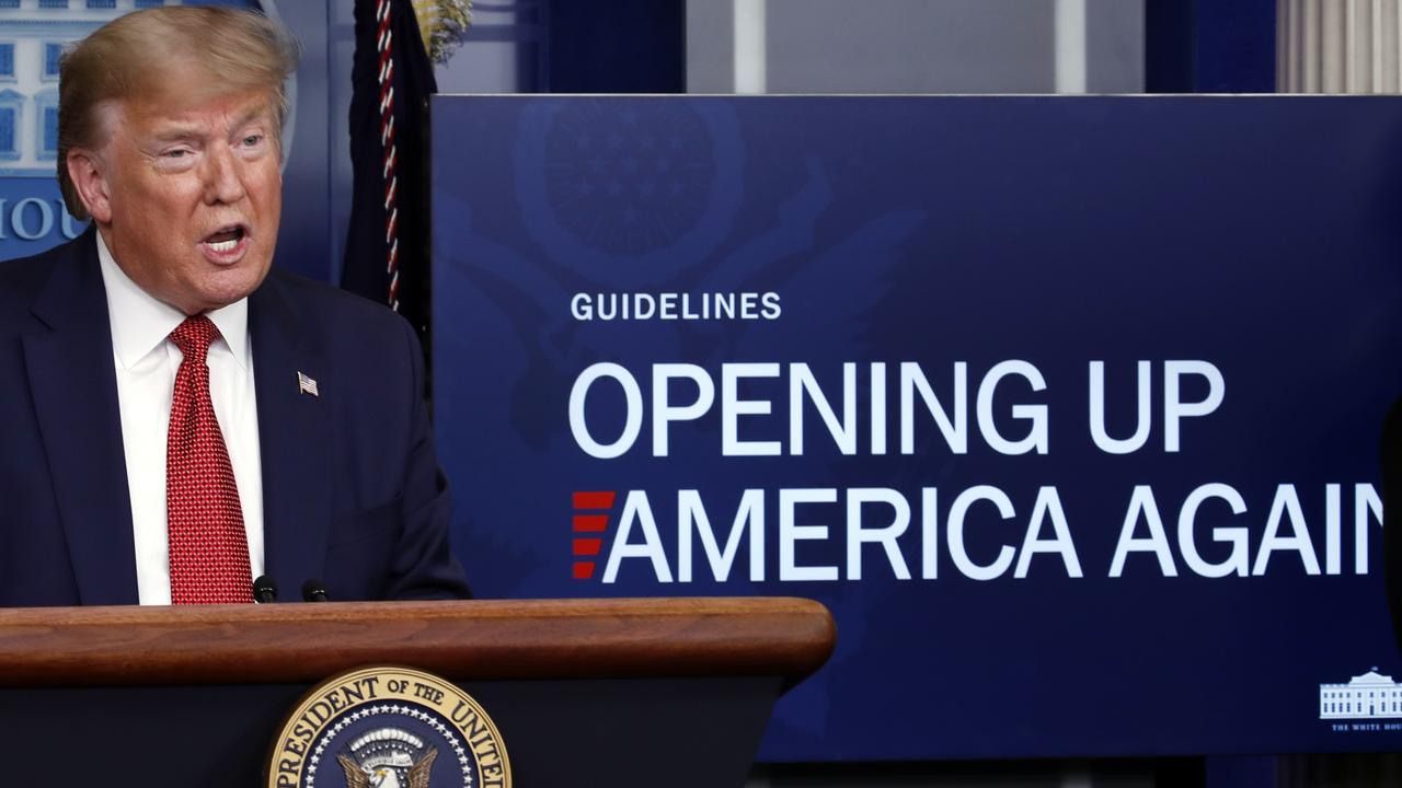 President Donald Trump explains his plan to reopen the US. Picture: Alex Brandon/AP