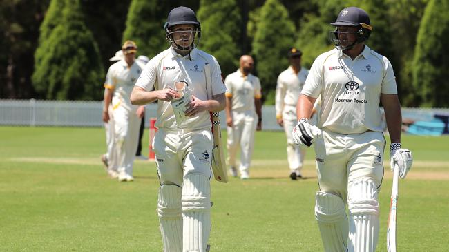 (L-R) Nathan Hinton and Peter Forrest of Mosman walk off at lunch during round 4 of the NSW Premier Grade cricket match between Mosman and Blacktown Mounties at Allan Border Oval on October 29, 2022. (Photo by Jeremy Ng/Newscorp Australia)