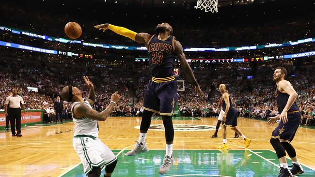 LeBron James (23) blocks a shot by Isaiah Thomas of the Boston Celtics in game one of the NBA Eastern Conference finals.