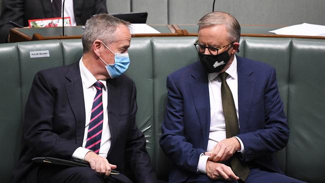 Labor Leader Anthony Albanese speaks to predecessor Bill Shorten on the Opposition frontbench during Question Time.