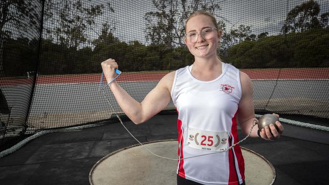 Hammer thrower Arielle Cannell, 15, at the Domain Athletics Centre. Cannell is now number three in the world for her age after throwing 62.55m in October. Picture: Chris Kidd