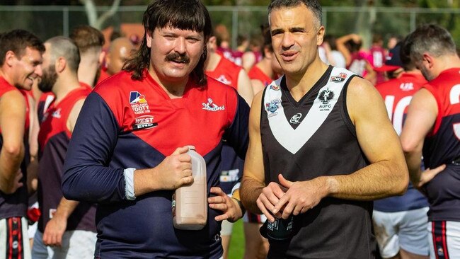 Marmalade’s ‘Checkers’ with South Australian Premier Peter Malinauskas during last year’s big Div 12 Ressies game. Picture: marmalade_aus/ Instagram