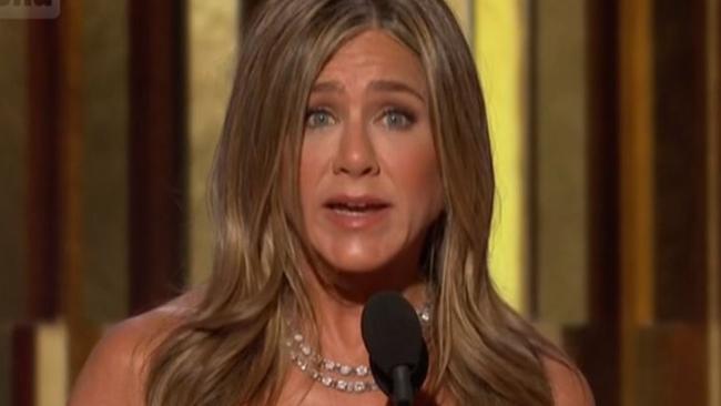 Jennifer Aniston speaks on behalf of Russell Crowe after he won a Golden Globe. Picture: Arena