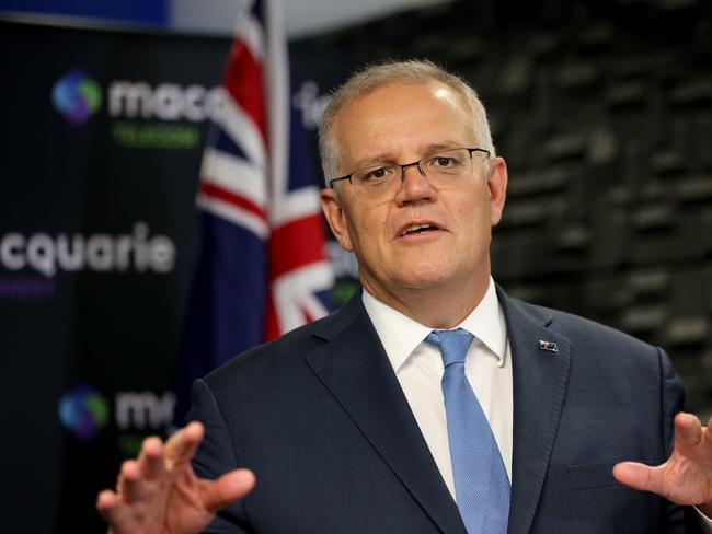 SYDNEY, AUSTRALIA - NewsWire Photos MARCH 25, 2022: Prime Minister Scott Morrison pictured speaking at the opening of the Macquarie Telcom Data Centre, Macquarie Park.Picture: NCA NewsWire / Damian Shaw