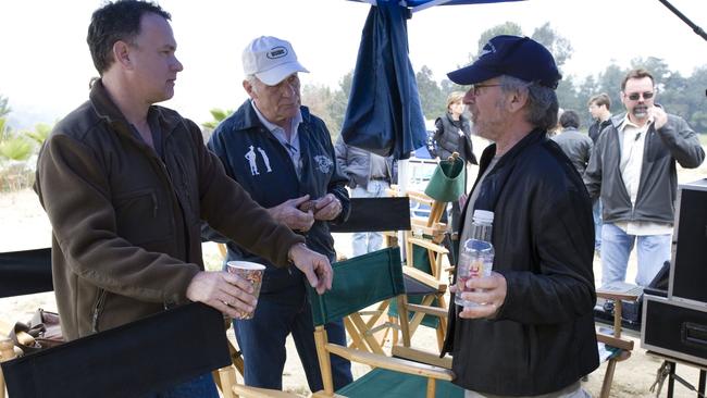 Actor Tom Hanks (l) with film director Steven Spielberg and retired USA army Captain Dale Dye (c) on set of TV programme 'The Pacific'.