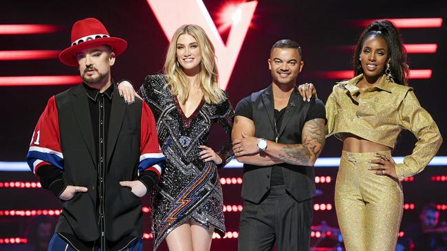 The network switch leaves the future of coaches (L-R) Boy George, Delta Goodrem, Guy Sebastian and Kelly Rowland in the air. Picture: Supplied