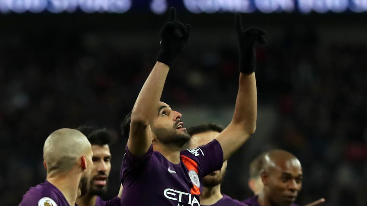 Riyad Mahrez of Manchester City celebrates after scoring his team's first goal