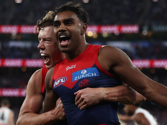MELBOURNE, AUSTRALIA - JUNE 09: Kysaiah Pickett of the Demons celebrates a goal during the 2025 AFL Round 13 match between the Melbourne Demons and the Collingwood Magpies at Melbourne Cricket Ground on June 9, 2025 in Melbourne, Australia. (Photo by James Wiltshire/AFL Photos via Getty Images)