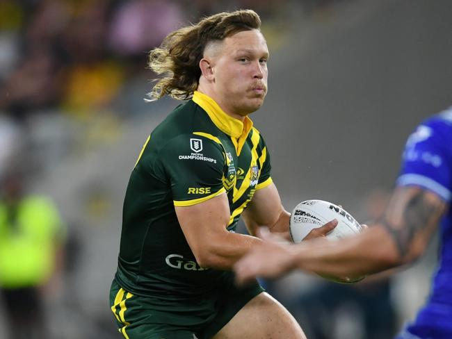 Kangaroos player Reuben Cotter during the 38-12 victory for Australia over Samoa at Queensland Country Bank Stadium in Townsville on October 14, 2023. Picture: NRL Imagery