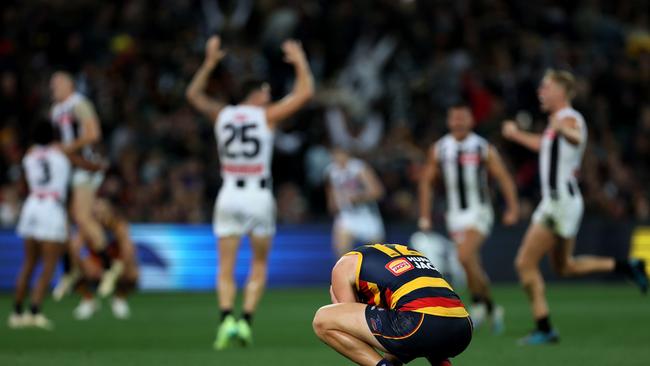 ADELAIDE, AUSTRALIA - APRIL 30: Jordan Dawson of the Crows reacts after their loss during the 2023 AFL Round 07 match between the Adelaide Crows and the Collingwood Magpies at Adelaide Oval on April 30, 2023 in Adelaide, Australia. (Photo by James Elsby/AFL Photos via Getty Images)