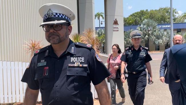 NT Police Assistant Commissioner Sachin Sharma and Acting Deputy Commissioner Michael White leaving Darwin Local Court following a coronial inquest into domestic violence in the Territory.