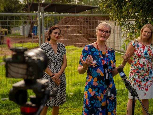 Principal Leah Crockford addresses the media regarding the announcement of building works at Leanyer Primary School. Photograph: Che Chorley