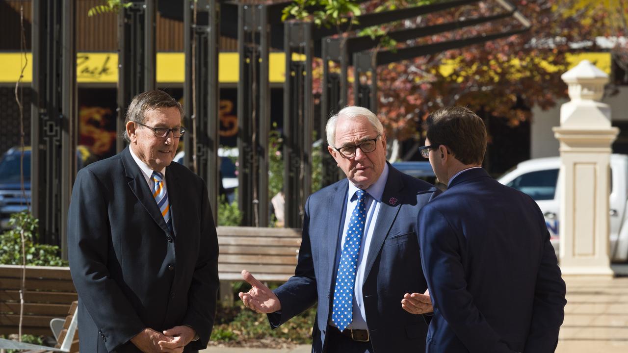 Toowoomba Regional Council Mayor Paul Antonio (centre) with Cr Kerry Shine (left) and Cr Geoff McDonald. Picture: Kevin Farmer