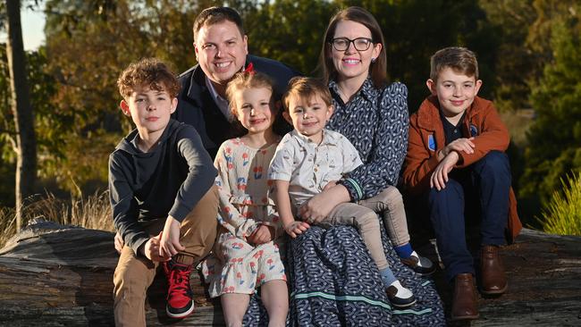 The Linton family, of Mount Barker, have welcomed the announcement of a new school in their area. Emily Linton (second from left) with James (10), James, Esther (7), Benjamin (3), William (9). Picture: Keryn Stevens