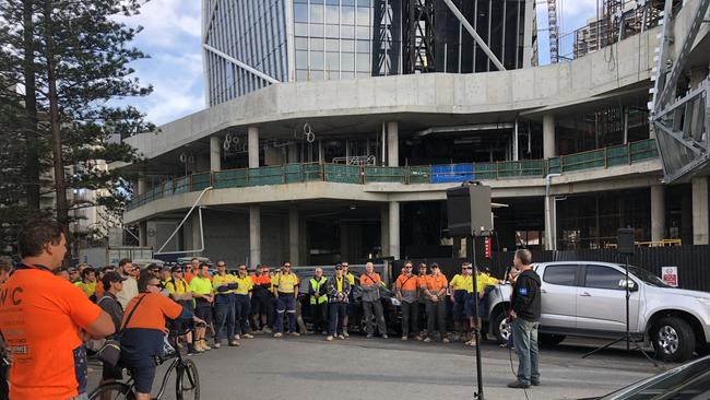 Jewel workers gather for a speech from the CFMEU on the street outside the $1.4b construction site.