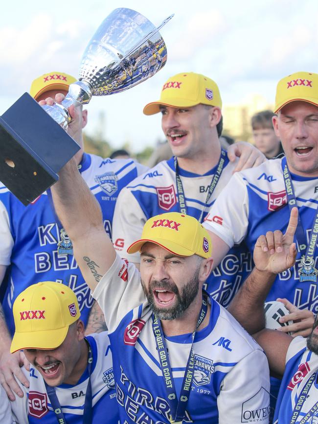 Will Johnstone lifts the trophy at the Gold Coast Rugby League A Grade Grand Final as Tugun Sea Eagles v Currumbin Eagles at Tugun RLC. Picture: Glenn Campbell