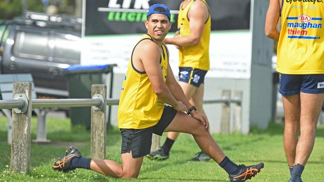 Stengle shares a smile with Eagles players. Picture: Tom Huntley