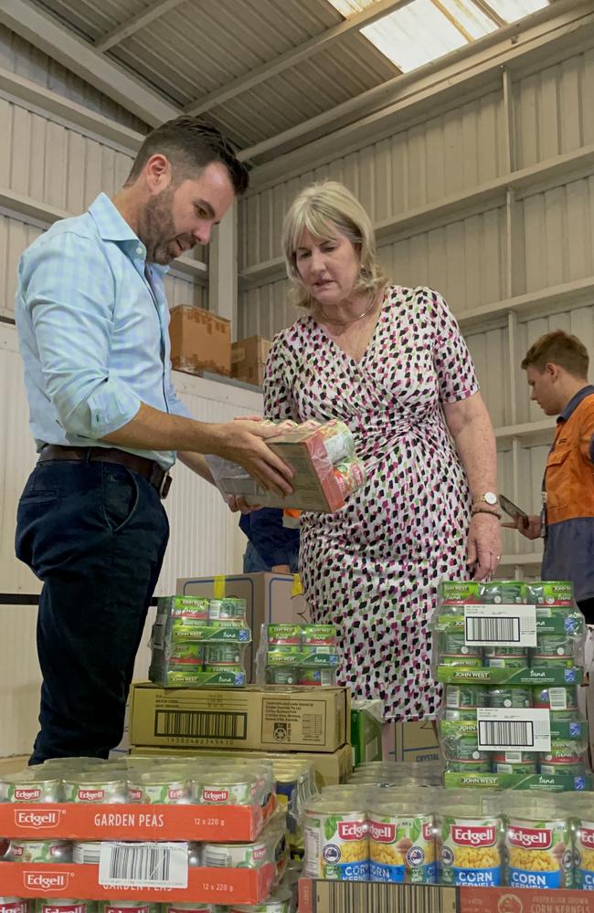 Aboriginal Affairs Minister Chansey Paech and Chief Minister Eva Lawler inspect supplies heading to flood impacted communities at Yarralin and Bulla. Picture: Zizi Averill