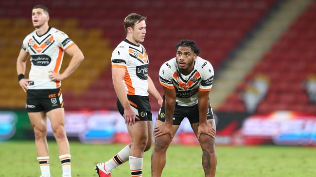 BRISBANE, AUSTRALIA - JUNE 07: Thomas Mikaele of the Tigers looks on during the round four NRL match between the Gold Coast Titans and the Wests Tigers at Suncorp Stadium on June 07, 2020 in Brisbane, Australia. (Photo by Chris Hyde/Getty Images)