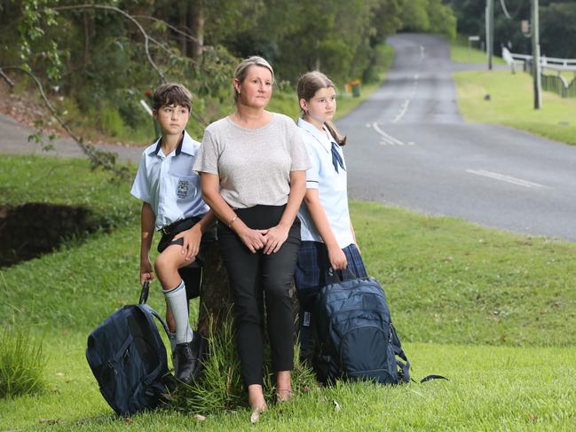 Jen Gyles and children Angus and Sophia, 12, at their Tallebudgera Valley home. Picture: Glenn Hampson