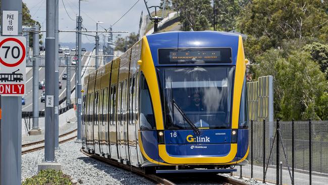 Opening morning of the Stage 2 of the Gold Coast light rail (g:link). The light rail tram at the Parkwood East Station. Picture: Jerad Williams