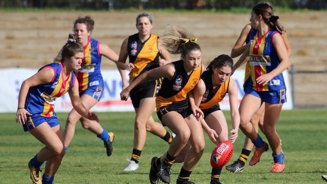 Action from the Adelaide Footy League women's division three grand final between Broadview and Old Ignatians. Picture: Supplied, Broadview Football Club, Kylie (club social director)