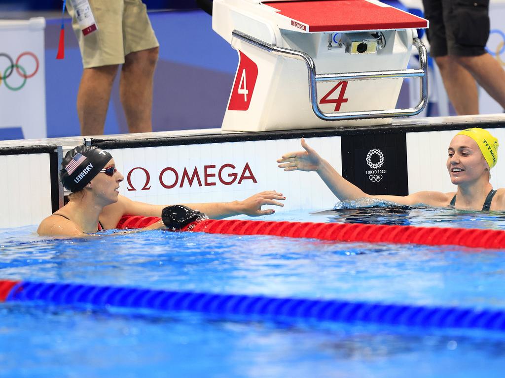 Ariarne Titmus shakes hands with Katie Ledecky after winning Gold in the final of the Women's 200m Freestyle at the 2020 Tokyo Olympics. Picture: Adam Head
