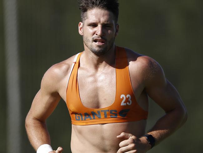 SYDNEY, AUSTRALIA - FEBRUARY 05: Jesse Hogan of the Giants trains during a Greater Western Sydney Giants AFL training session at Tom Wills Oval  on February 05, 2021 in Sydney, Australia. (Photo by Ryan Pierse/Getty Images)