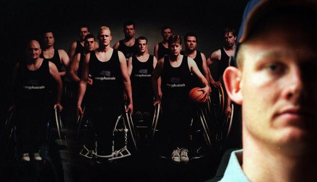 Paralympian Troy Sachs with the rest of the Australian Rollers team at their hotel as they prepared for Wheelchair Gold Cup tournament at Homebush in 1998.