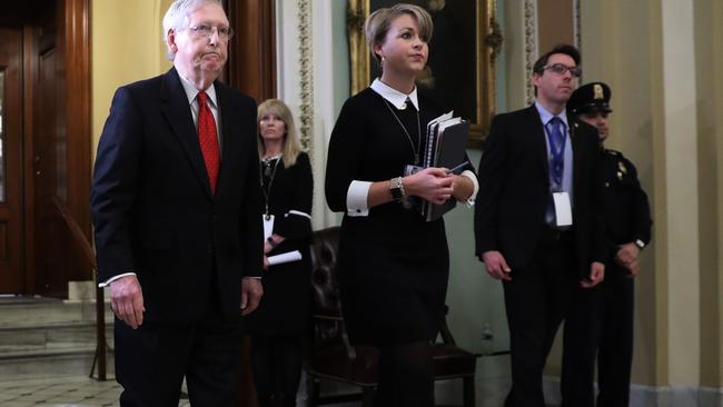 Senate Majority Leader Mitch McConnell walks out of the Senate Chamber before the start of Donald Trump's impeachment trial. Picture: Getty Images.