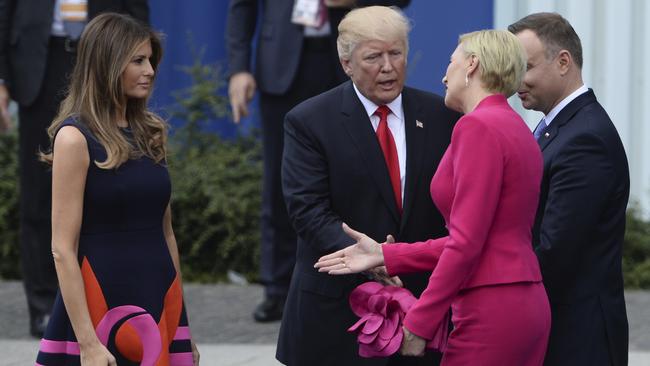 Poland's first lady Agata Kornhauser-Duda and Polish President Andrzej Duda meet US First Lady Melania Trump and US President Donald Trump after Trump’s speech. (Pic: Alik Keplicz/AP)