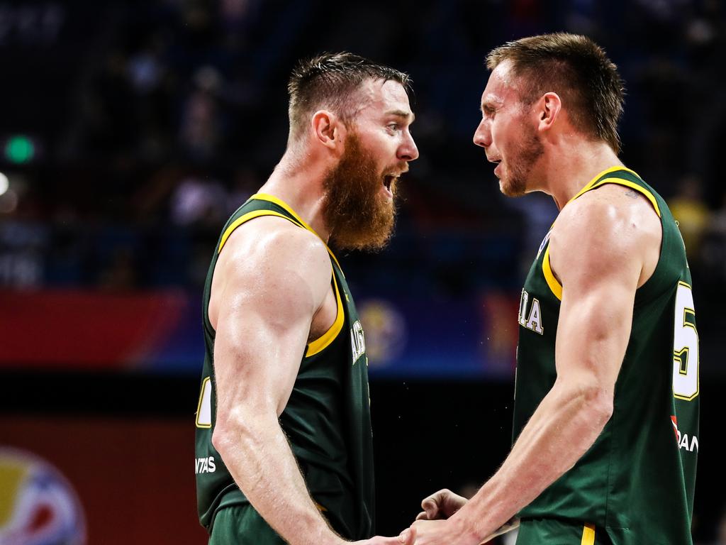 Aron Baynes and Mitch Creek during the 2019 FIBA World Cup in China. Picture: Getty Images