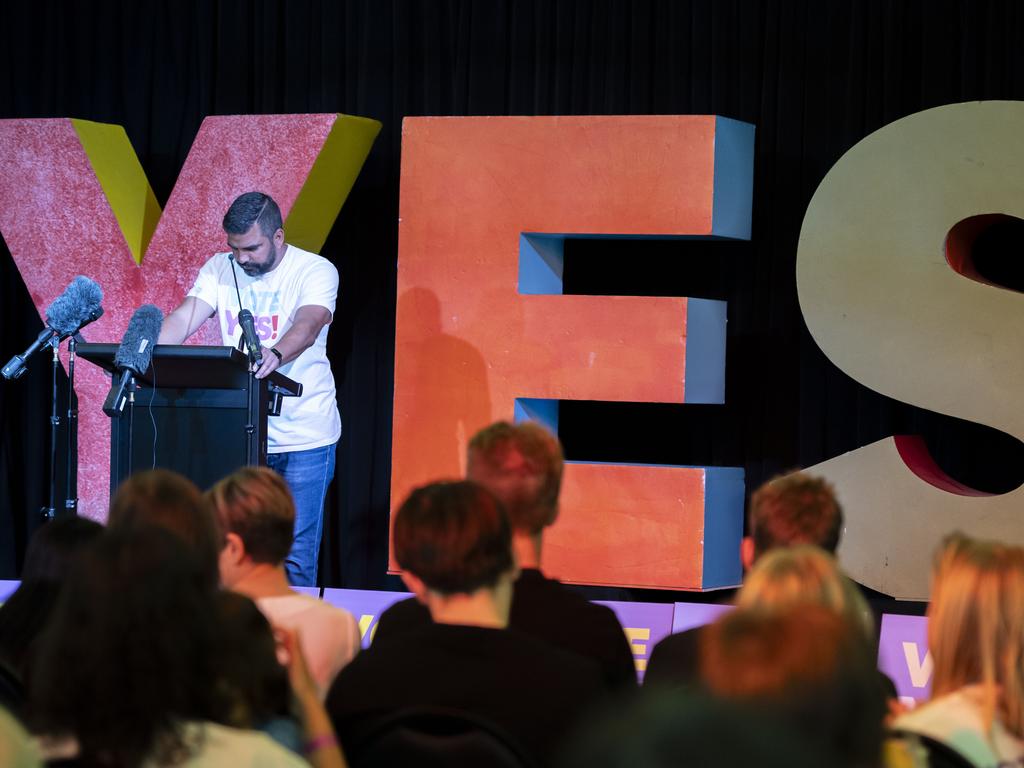 Dean Parkin speaks at Wests Ashfield Leagues Club, Yes campaign event as the referendum results are being counted. Picture: NCA NewsWire / Monique Harmer