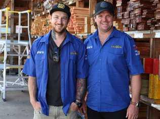 The Block Fans v Faves contestants Dale Vine and Brad Cranfield visited Woodman’s Mitre 10 as part of the Mitre 10 Aussie Road Trip. Picture: Sid Russell