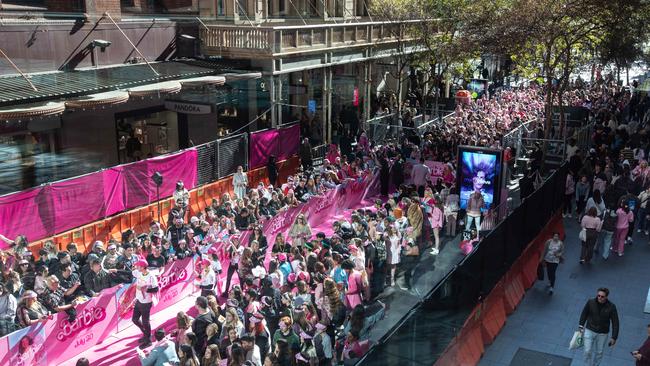 A crowd outside Sydney’s Pitt St Mall gathered for a glimpse of the Barbie cast. Picture: Julian Andrews