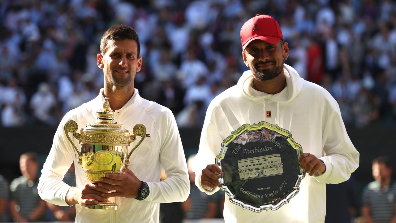 Novak Djokovic of Serbia and Nick Kyrgios of Australia. Photo by Julian Finney/Getty Images