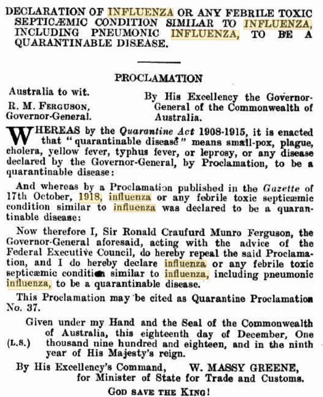 Spanish flu: Quarantine declaration commonwealth of Australia Gazette 1918.