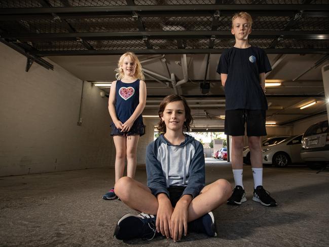 The siblings inside the carpark. Picture: Julian Andrews