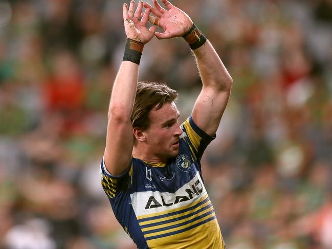 SYDNEY, AUSTRALIA - OCTOBER 10: Clinton Gutherson of the Eels celebrates scoring a try during the NRL Semi Final match between the Parramatta Eels and the South Sydney Rabbitohs at Bankwest Stadium on October 10, 2020 in Sydney, Australia. (Photo by Mark Kolbe/Getty Images)