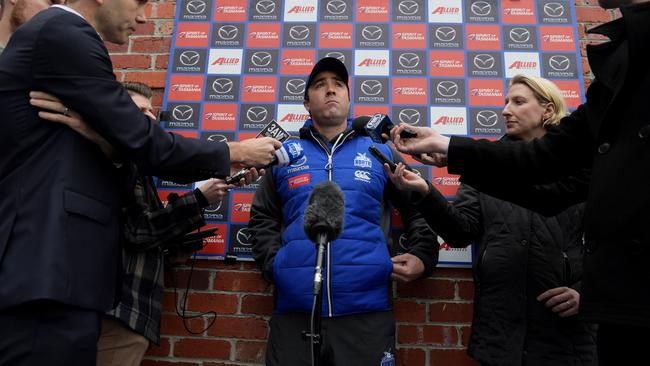 Then-North Melbourne coach Brad Scott speaks to the media after Martin turned down the Kangaroos’ mega offer.