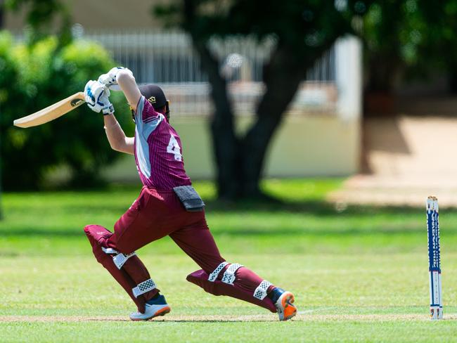 Palmerston’s Liam Sparke drives through cover on his way to 13 against Darwin in Round 2 Premier Grade action at Kahlin Oval. Picture: Che Chorley