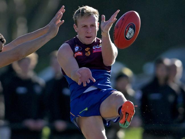 HeidelbergÃs Kieren Andrew and BanyuleÃs Jack Raines during the NFNL Banyule v Heidelberg football match in Heidelberg, Saturday, June 17, 2023. Picture: Andy Brownbill