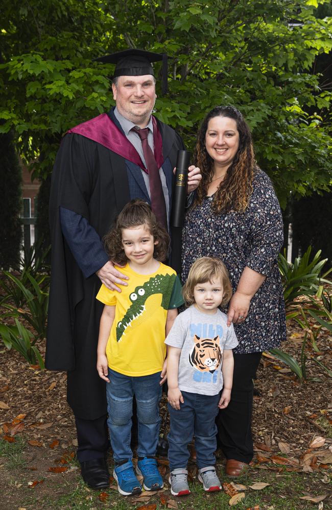 Master of Engineering Practice graduate Luke McGuirk with wife Carly Tornatora and kids Charlie (left) and Luca McGuirk at a UniSQ graduation ceremony at The Empire, Wednesday, October 30, 2024. Picture: Kevin Farmer