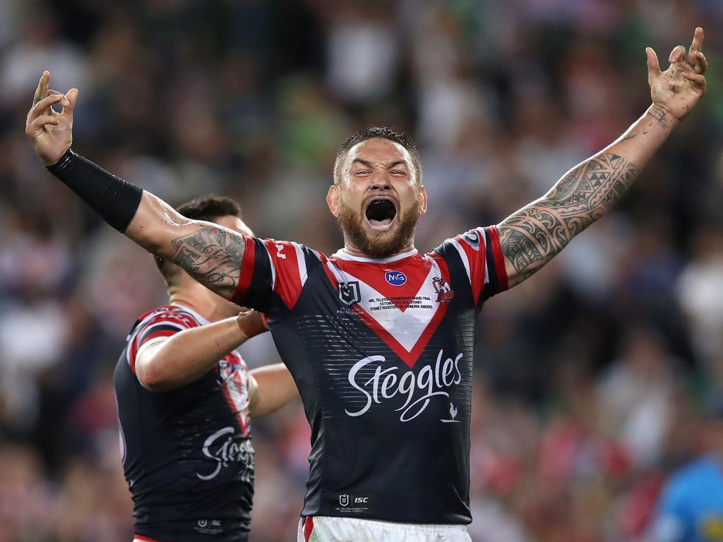 Roosters' Jared Waerea-Hargreaves celebrates victory during the 2019 NRL Grand Final between the Sydney Roosters and Canberra Raiders at ANZ Stadium on 6 October, 2019 in Sydney. Picture. Phil Hillyard