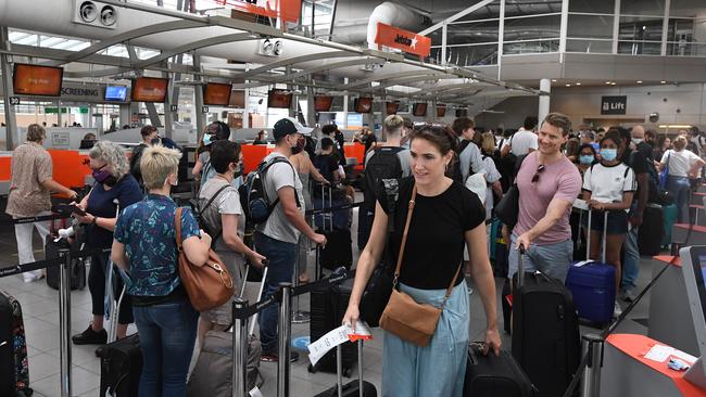 Passengers wait to check in at the domestic terminal at Sydney Airport in Sydney. Picture: NCA NewsWire/Joel Carrett