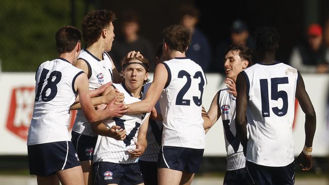 MELBOURNE, AUSTRALIA - JUNE 10: Harry Morphet of Victoria Country (C) celebrates kicking the winning goal during the AFL National Development Championships U16 match between Victoria Country and Victoria Metro at Trevor Barker Beach Oval on June 10, 2023 in Melbourne, Australia. (Photo by Daniel Pockett/AFL Photos/via Getty Images)