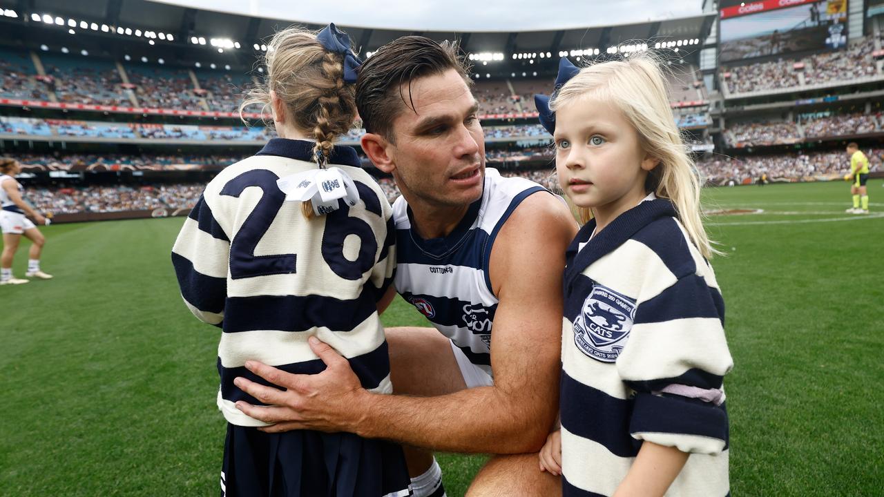 Tom Hawkins with children Henry, Arabella and Primrose. Picture: Michael Willson/AFL Photos via Getty Images