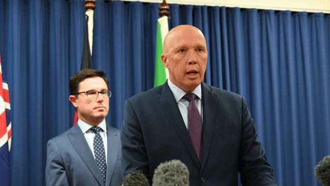 Opposition Leader Peter Dutton, right, and National Party leader David Littleproud. Picture: Lyndon Mechielsen