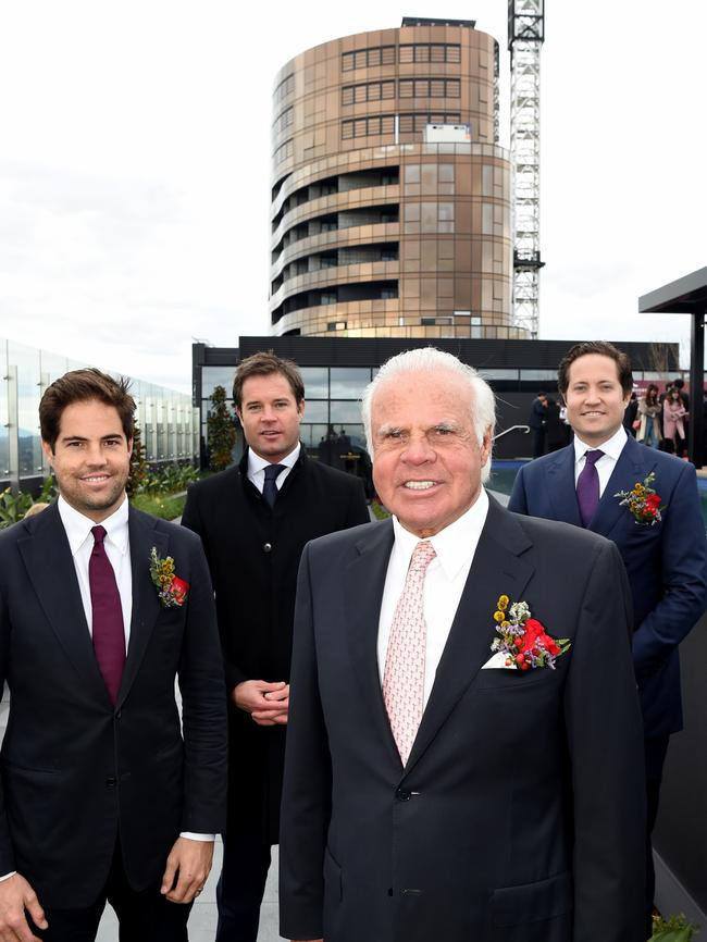 Anthony Deague, Will Deague, David Deague and Jono Deague at the official topping out ceremony of the tallest development outside of Melbourne CBD, Whitehorse Towers, Box Hill.  Picture: Nicole Garmston